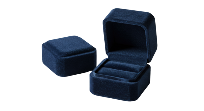 Two open and closed blue velvet jewelry boxes, ready for presentation of rings.