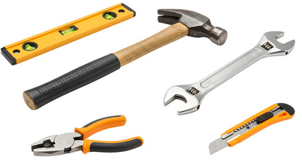 Assorted Tools for Home Improvement: Hammer, Wrench, Level, Pliers, and Cutter