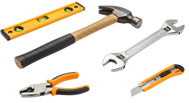 Assorted Tools for Home Improvement: Hammer, Wrench, Level, Pliers, and Cutter