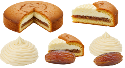 Decadent Cream-Filled Cake Slices with Chocolate and Dates on a White Background