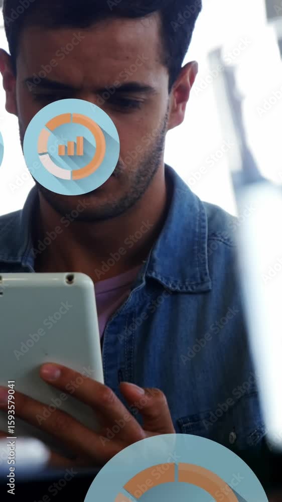 Poster animation of graph icon in circles over man scrolling on digital tablet in office
