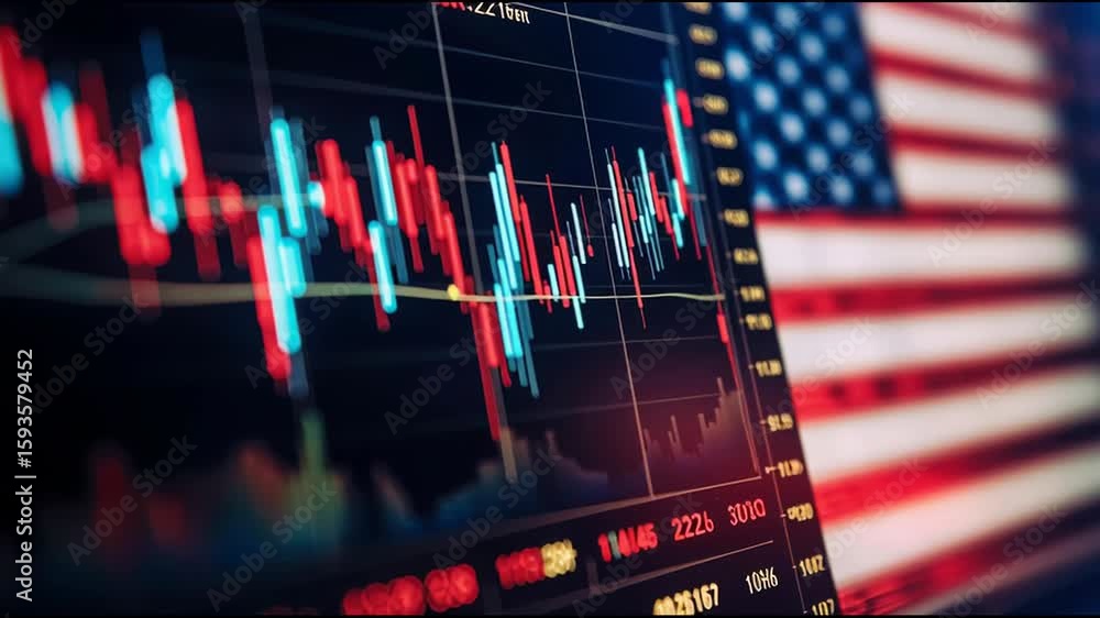 Poster dynamic stock market trading interface featuring a vibrant national flag symbolizing global economic