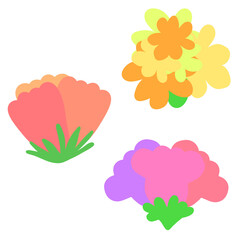 Naklejka premium Floral Trio Bright and cheerful cartoon flowers with a vibrant palette ideal for design elements, emphasizing simplicity and playful aesthetic.