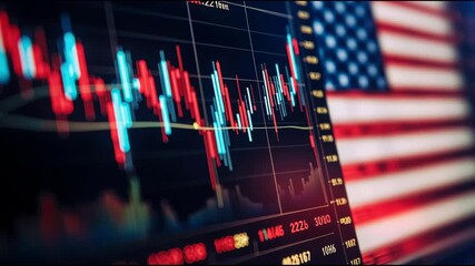 Dynamic stock market trading interface featuring a vibrant national flag symbolizing global economic activity. Stock Trading Graph with American Flag – Animated Video Version - Powered by Adobe