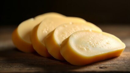 Sliced ai protein food on wooden surface