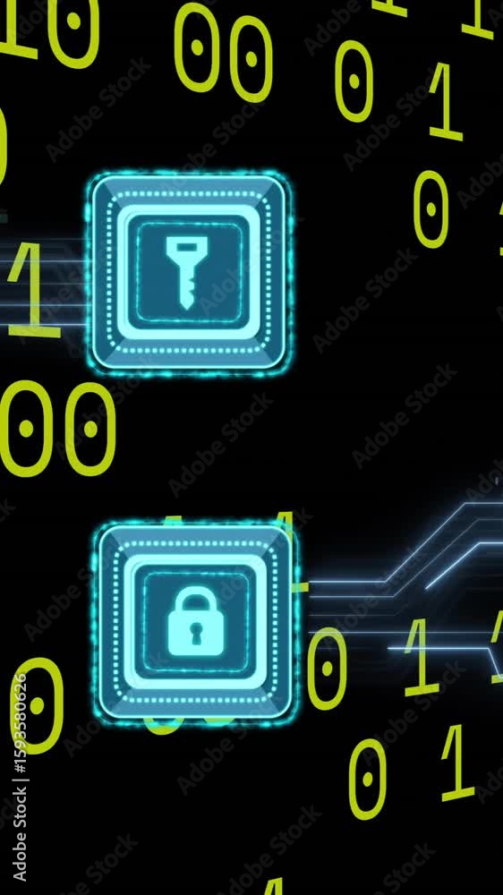 Poster Animation of key, padlock icons, binary coding over circuit board on black background