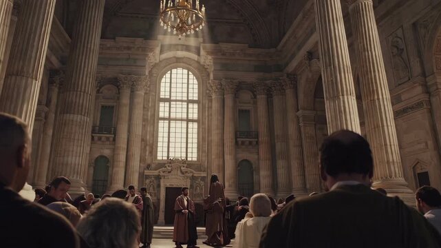 Young prophet holding scroll in grand hall with congregation