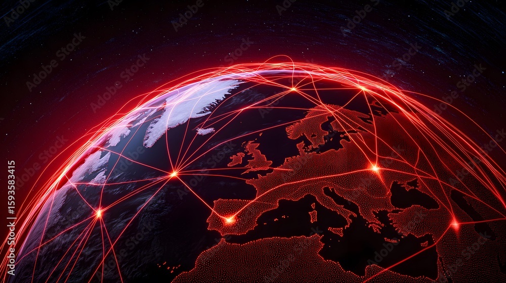 Poster a stylized image of earth, rendered in dark tones with glowing red lines illustrating a global netwo