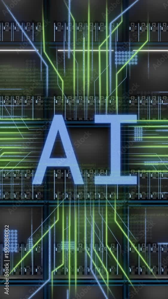 Poster animation of ai digital data processing and text over computer servers