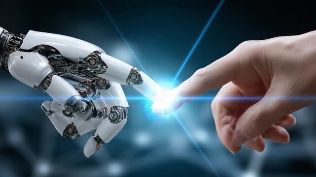 Human and Robotic Interaction: An eye-catching conceptual representation, where the human and robot fingers extend towards each other touching point of connection.