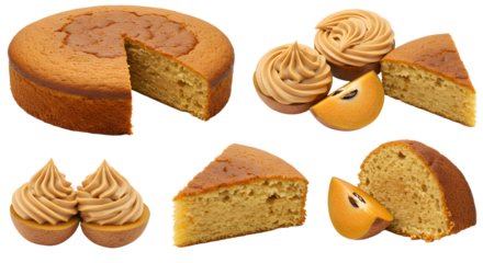 Delicious Slices and Assorted Pieces of Moist Vanilla Cake and Cupcakes on White Background