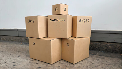 Stacked cardboard boxes labeled with emotions joy sadness and anger on a gray floor with white wall