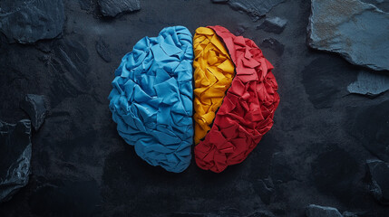 Crumpled Paper Brain Segmented in Blue, Yellow, and Red on Dark Textured Background