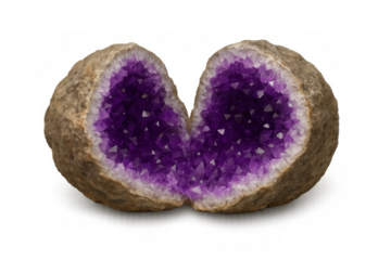 Cracked geode revealing vibrant purple amethyst crystals, highlighting natural mineral beauty against clean transparent backdrop