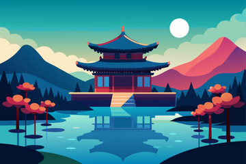 Obraz premium Serene asian pagoda reflected in calm water under a full moon