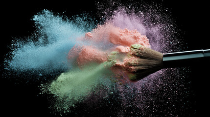 Pastel Powder Explosion with Makeup Brush on Black Background 