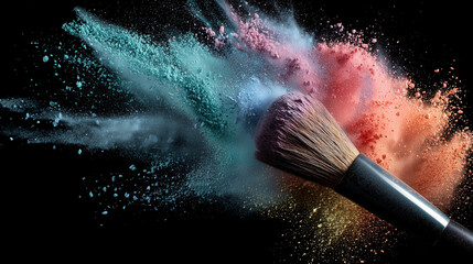 Pastel Powder Explosion with Makeup Brush on Black Background 