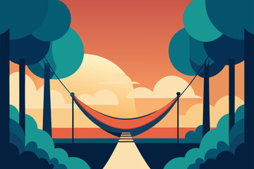 Tranquil hammock scene at sunset with stylized trees and clouds