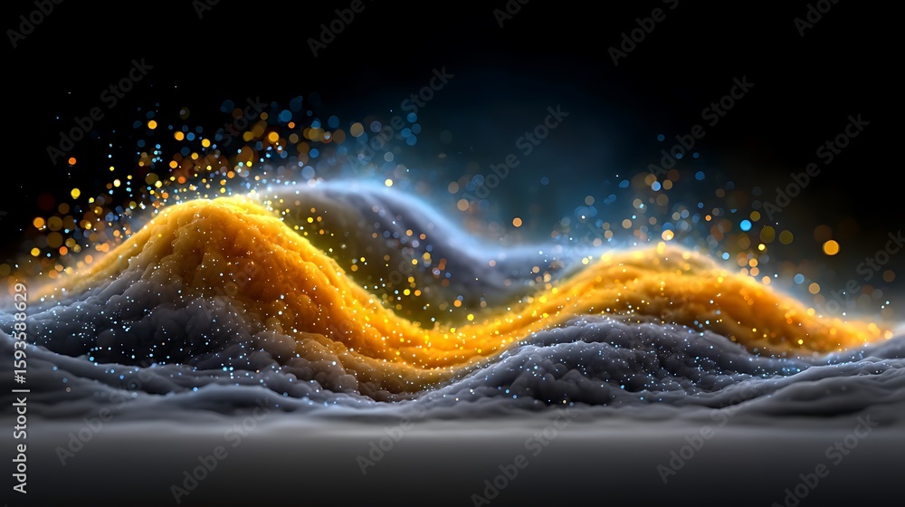 Poster smooth abstract visualization of colorful digital waves made of shimmering particles, glowing softly