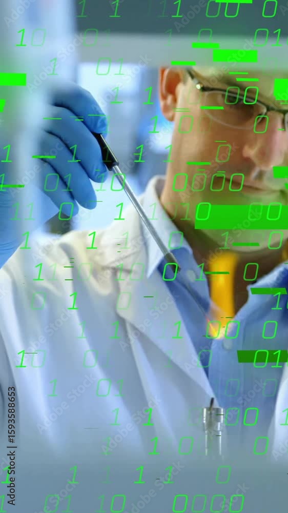  animation of binary coding and shapes over caucasian male scientist doing experiment in lab