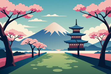 Serene japanese landscape with mount fuji and cherry blossoms