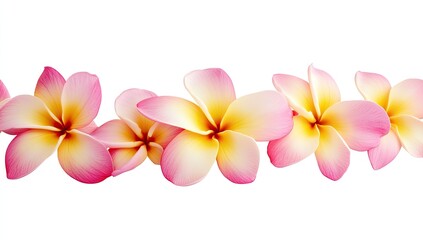 Obraz premium Pink and yellow plumeria blossoms, arranged in a horizontal row