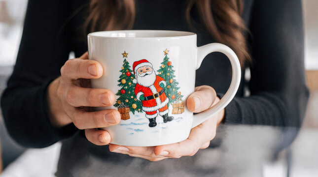 Woman holding festive Christmas mug with Santa and trees design