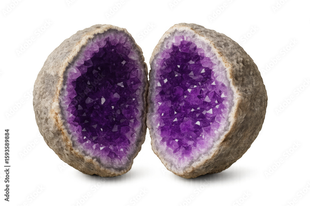 Poster two halves of purple amethyst geode isolated on transparent background, creating a mesmerizing displ