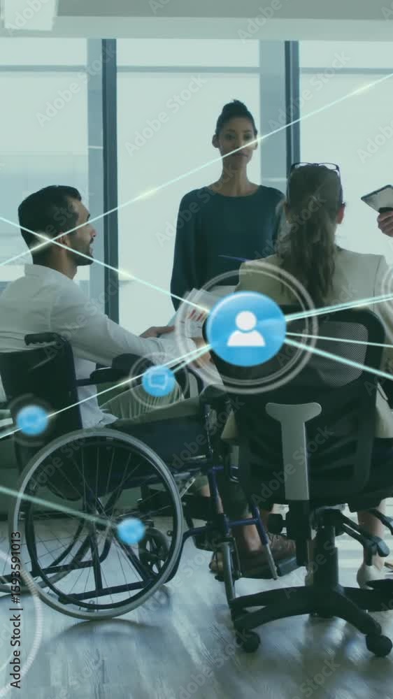 Poster animation of network of connections with icons over disabled and diverse colleagues at meeting