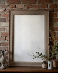 Create a realistic and intricately detailed mockup sign displayed in an aged wooden frame, set against a rustic brick wall. Highlight the texture of the wood grain and the subtle play of light and sha