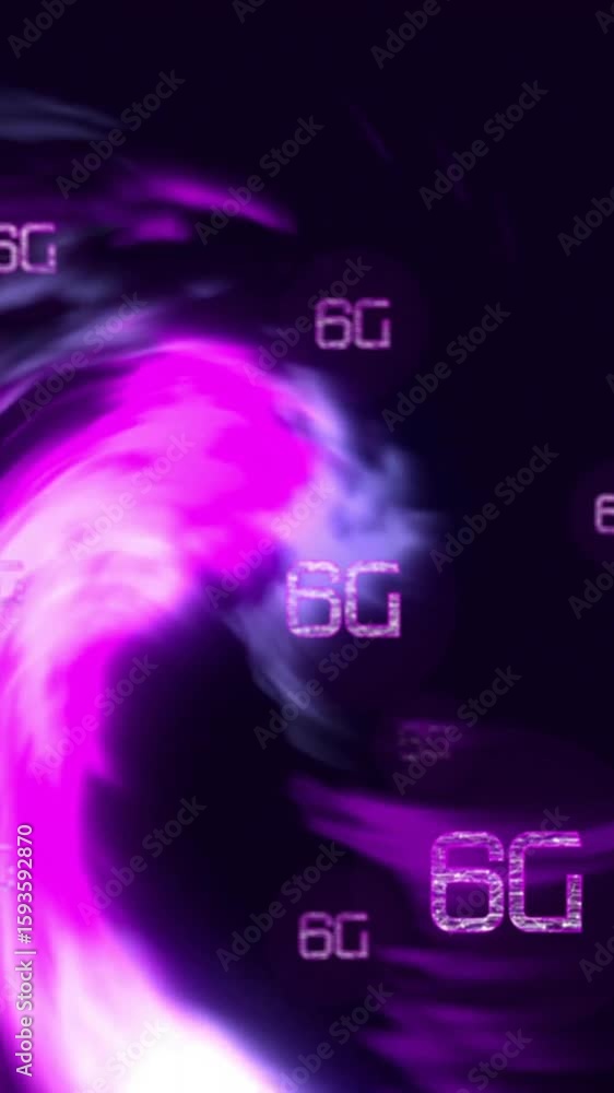 Poster animation of 6g text and digital data processing over purple light trails on black background
