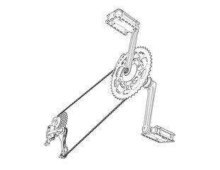 Precision Bicycle Drivetrain Wireframe Technical Drawing: Monochrome Line Art Illustration of Gears, Chain, and Pedals, an Essential Engineering Blueprint for Bike Mechanics, CAD, and Industrial