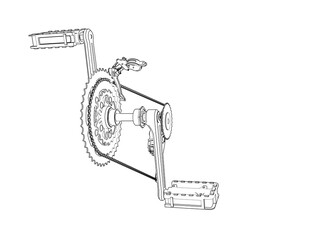 Precision Bicycle Drivetrain Wireframe Technical Drawing: Monochrome Line Art Illustration of Gears, Chain, and Pedals, an Essential Engineering Blueprint for Bike Mechanics, CAD, and Industrial