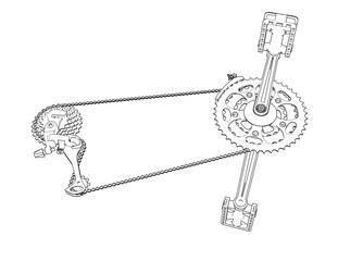Detailed monochrome line art of bicycle drivetrain components. This simple technical drawing illustrates bike gears, pedals, chain, and derailleur in an engineering blueprint style png transparent 