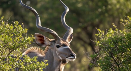 Majestic kudu bull with impressive spiral horns, partially hidden amidst lush green African bush.