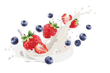 Photorealistic Yogurt Splash with Berries Vector Illustration. Creamy Dairy Motion with Flying Fruit