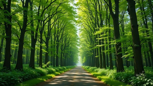 Sunlit path through a vibrant green forest tunnel