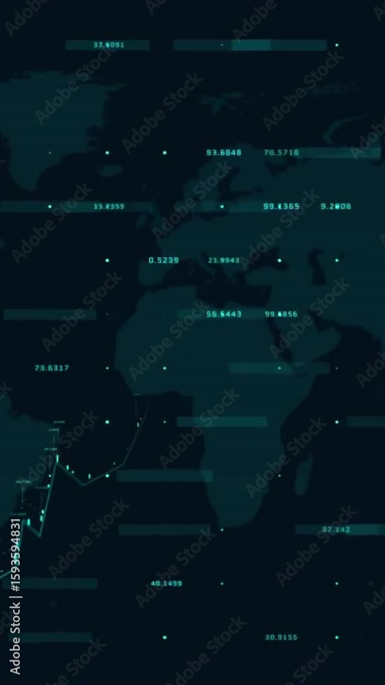 Poster animation of financial data processing over world map on black background