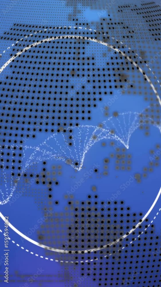 Poster animation of data processing with globe over dna strand on blue background