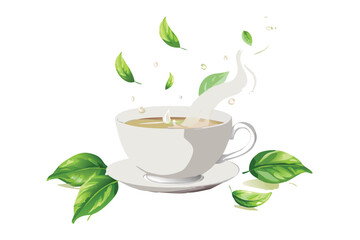 Photorealistic Tea Leaves in Water Vector Illustration. Hot Drink with Steam and Subtle Splash Motion