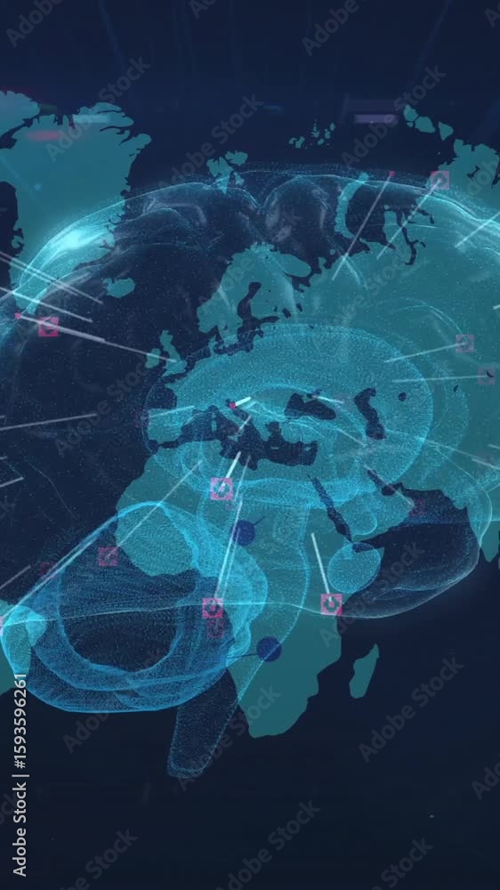 Poster animation of digital brain over scope scanning with world map on black background