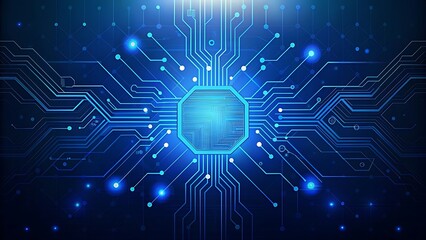 Abstract digital circuit board on technology blue background. Circuit connected lines and dots on abstract motherboard. Navy gradient tech bg. AI innovation concept. Futuristic illustration. 