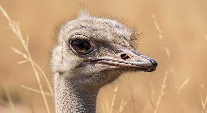 Close-up of an ostrich head and neck, with a blurred background of dry grass.