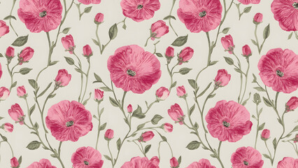 A repeating pattern of pink poppies and buds on a cream background.  The floral design is delicate and reminiscent of vintage botanical illustrations.