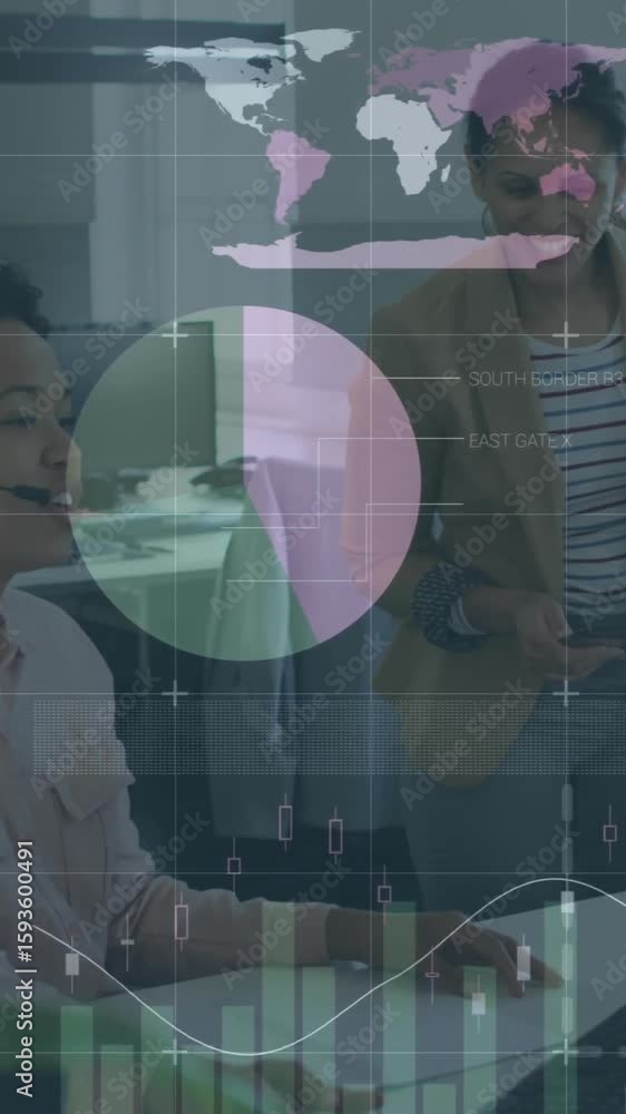 Poster animation of financial data processing over diverse colleagues discussing work in office