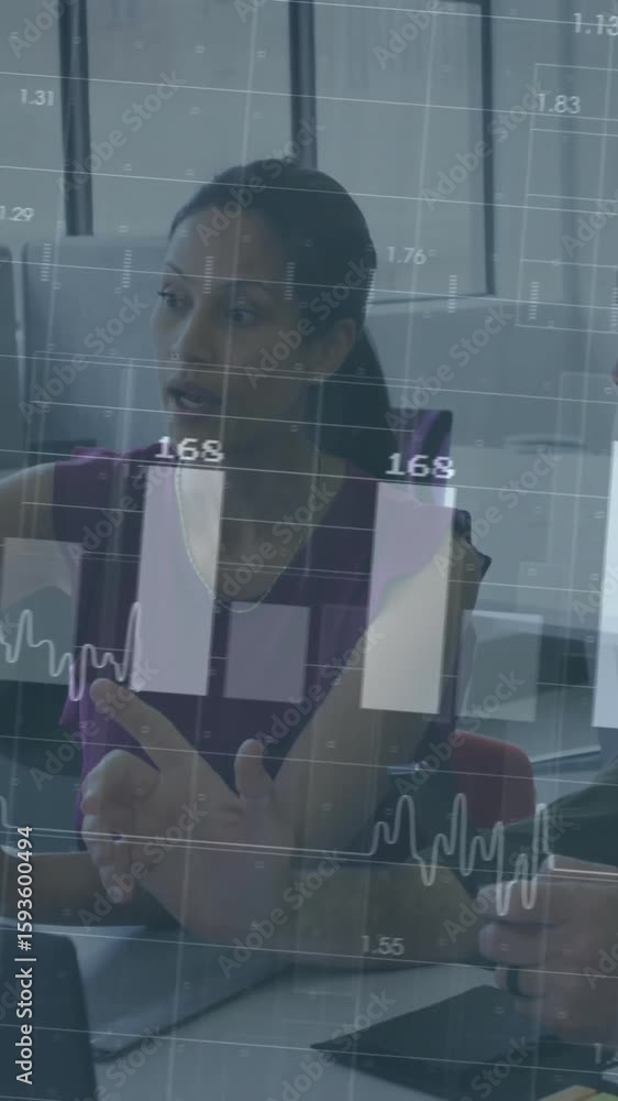 Poster animation of financial data processing over diverse colleagues discussing work in office