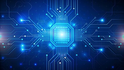 Obraz premium Abstract digital circuit board on technology blue background. Circuit connected lines and dots on abstract motherboard. Navy gradient tech bg. AI innovation concept. Futuristic illustration. 