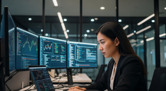 Financial and professional Asian business woman sat in the office and focused on her laptop PC.