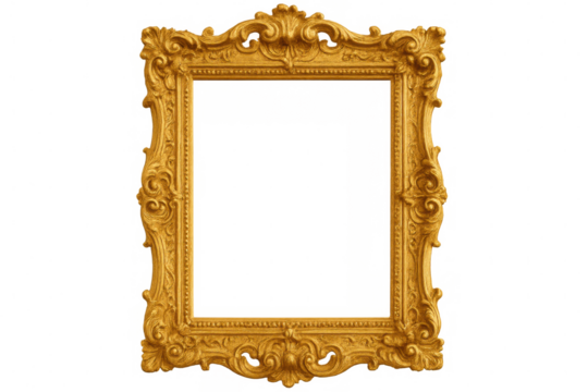 Empty golden baroque frame with transparent background, perfect for showcasing artwork or photos