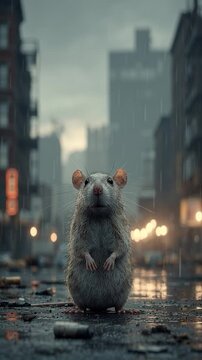 Vertical video Dirty rat standing in the middle of an empty city street, symbolic mood of fear and contamination